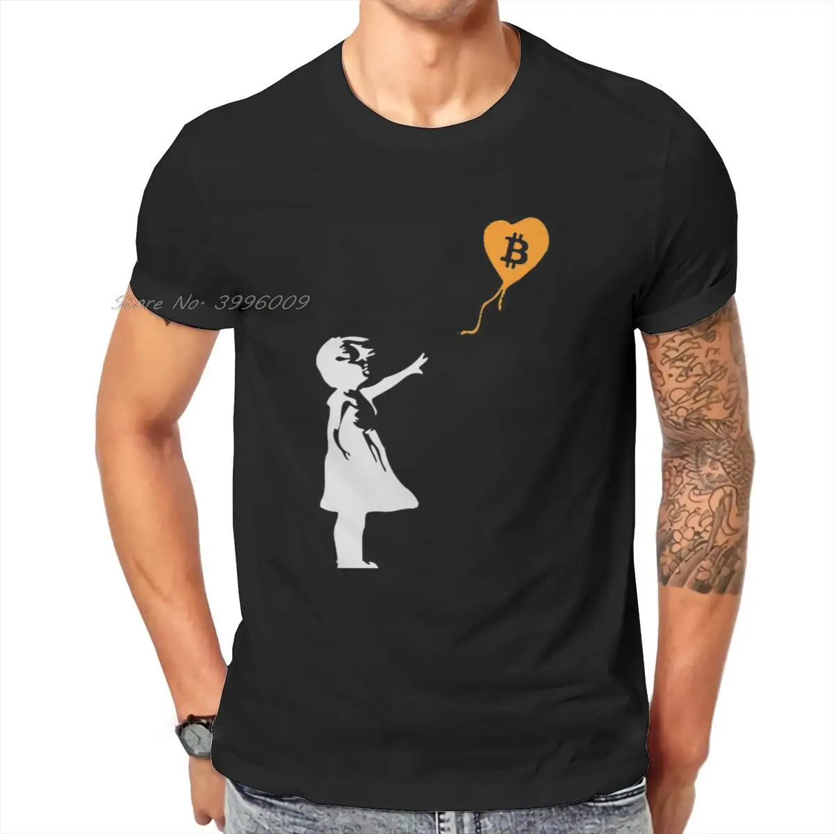

Bitcoin cryptocurrency Meme Bansky balloon girl T-shirt retro print pattern summer loose cotton men's round neck T-shirt