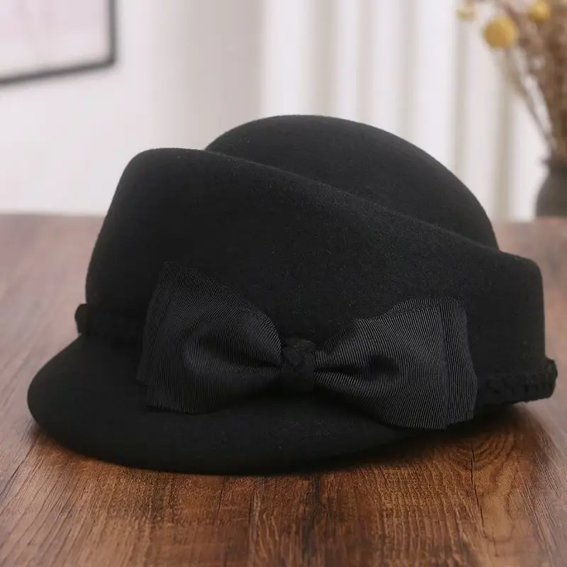 Elegant Wool Felt Berets Fedora Hats Women Winter Hat Pillbox Cap Ladies Bow Fascinator Hat Derby Wedding Ceremony Church Hat