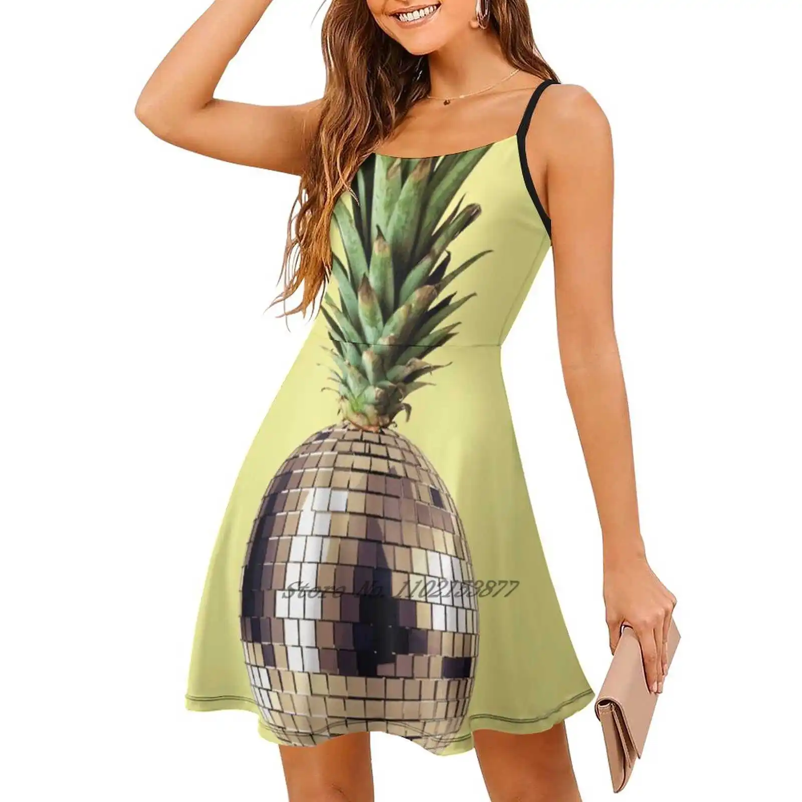 Ananas Party ( ) Loose Pocket Dress Summer Sexy V Neck Dress Print Short Sleeve Dress Art Surreal Ananas Fruits Disco Ball