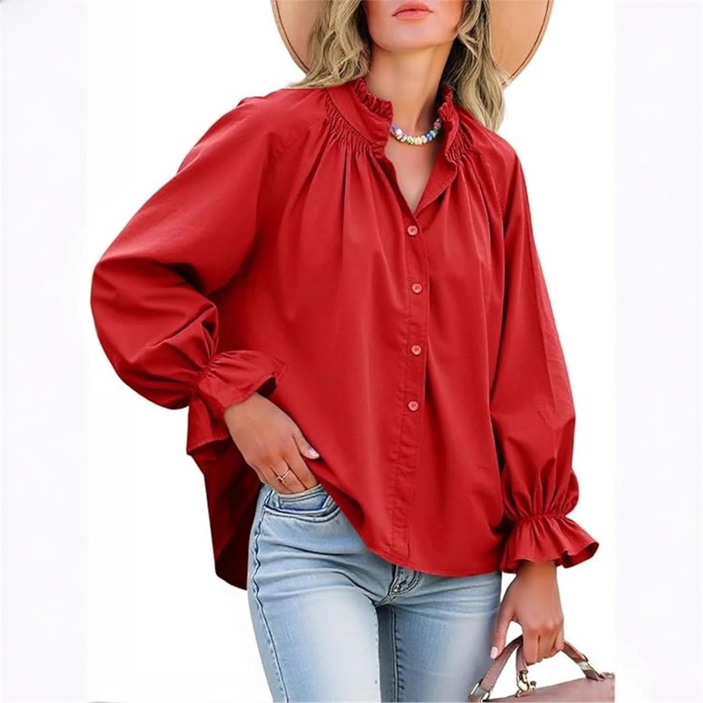 Casual Vacation Women's Shirt LinJ2026 Lantern Sleeve V-neck Lace Trim Blouse European Style Polyester A-line Narrow Strap Vest