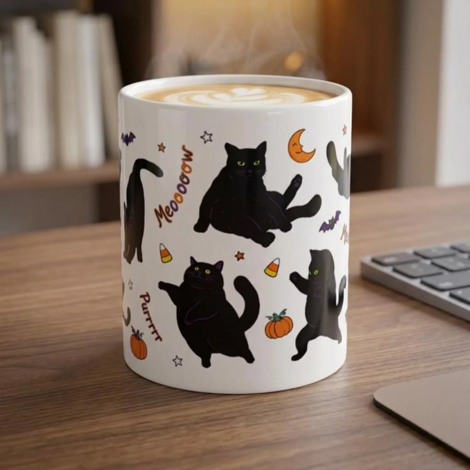 11oz single black cat Halloween mug, featuring a mischievous kitten, pumpkin, candy corn, and crescent moon scene