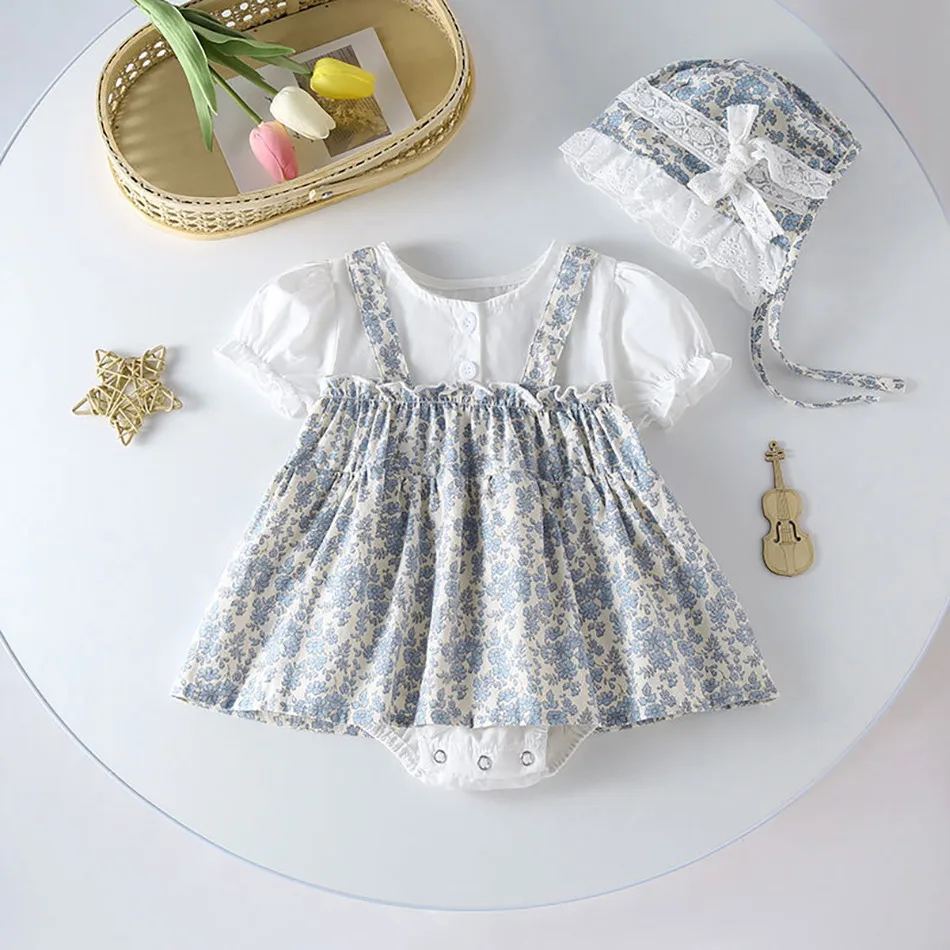 Korean-Inspired Infant Princess Romper Dress Set Newborns Summer Bodysuit Floral Print with Adjustable Strap Soft Baby Hat 3-24M