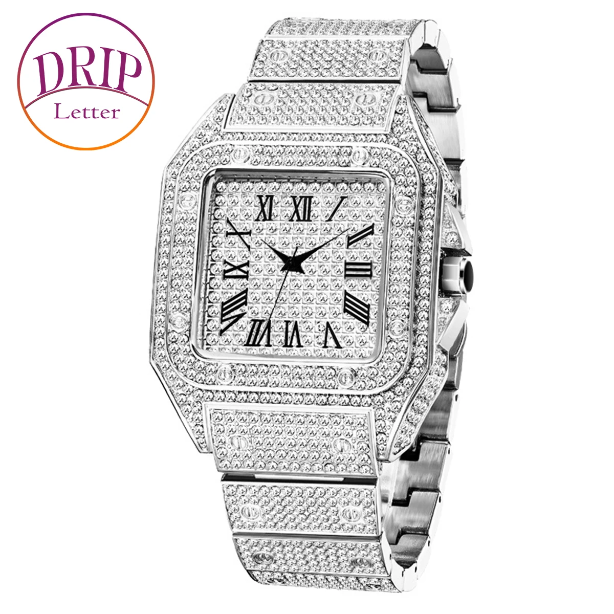 Drip Letter Proud Watch for Men Big Dial Military Quartz Clock Luxury Rhinestone Hip Hop Jewelry Relogio Masculio