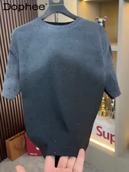 Men's 2024 Summer New Starry Hot Rhinestone Loose Round Neck Short Sleeve T-Shirts Versatile Casual Quality Base Trendy T-shirt
