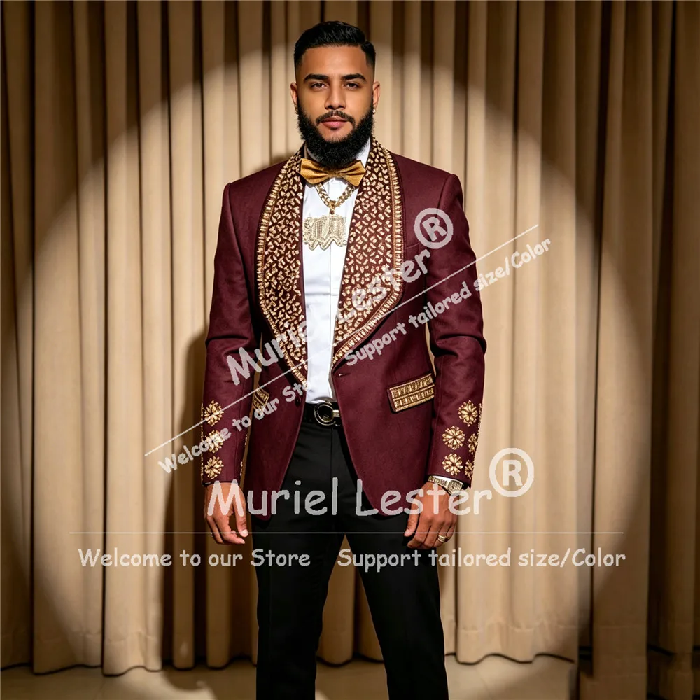Exclusive Suits Men Formal Party Tuxedos Customized Gold Diamond Beaded Label Prom Blazer Pants 2 Piece Groom Wear Outfits 2026