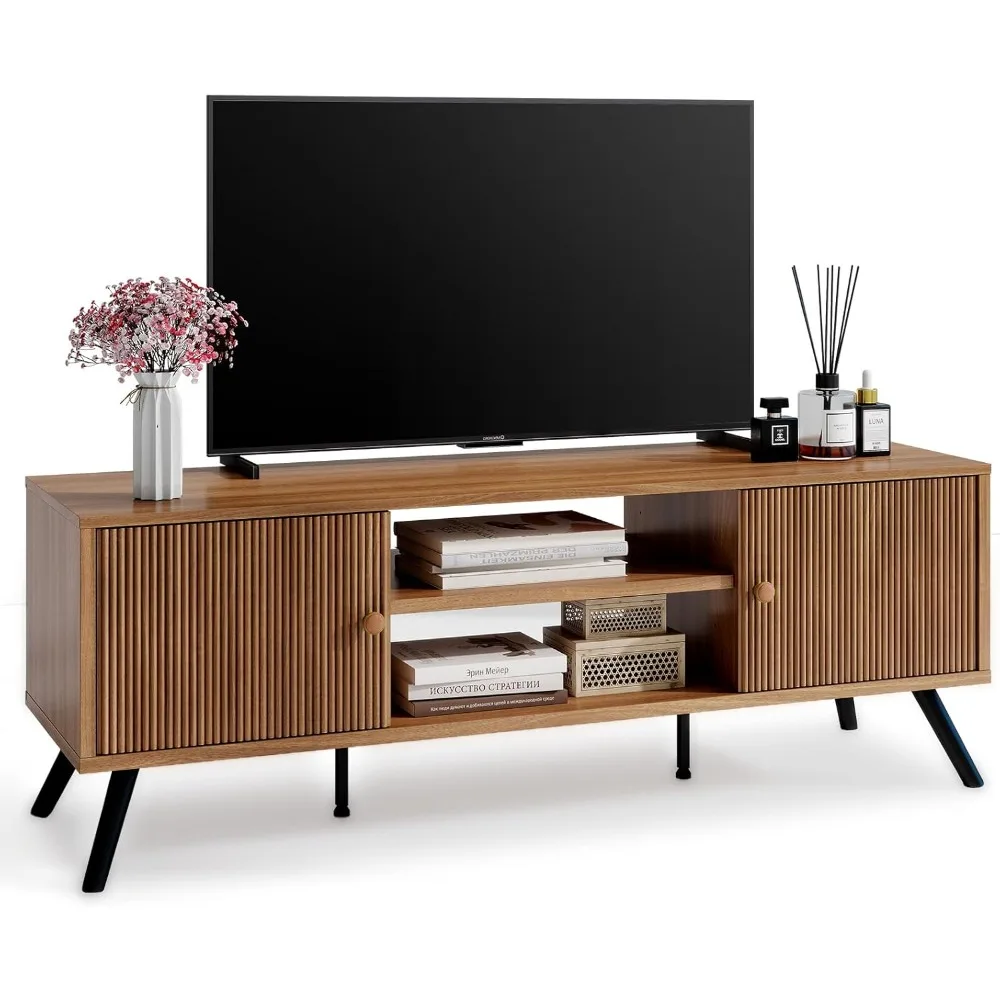 

TV Stand for Living Room, Mid Century Modern Entertainment Center for 55/60/65 Inch TVs, Retro Brown TV Console with Fluted Doo