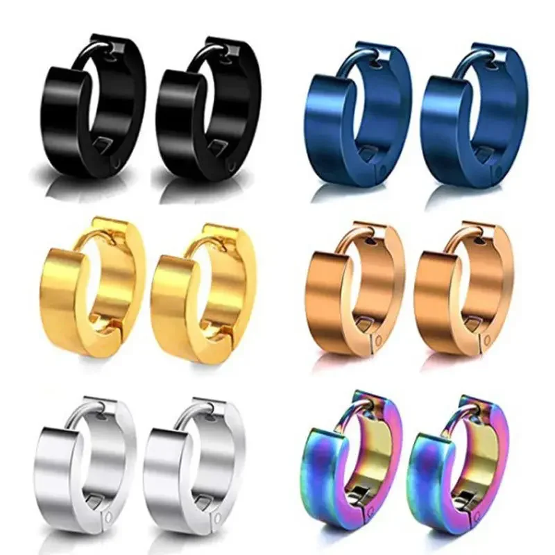 Fashion Men Women Silver Color Gold Black Blue Color Stainless Steel Simple Round Smooth Circle Hoop Huggie Earrings Jewelry