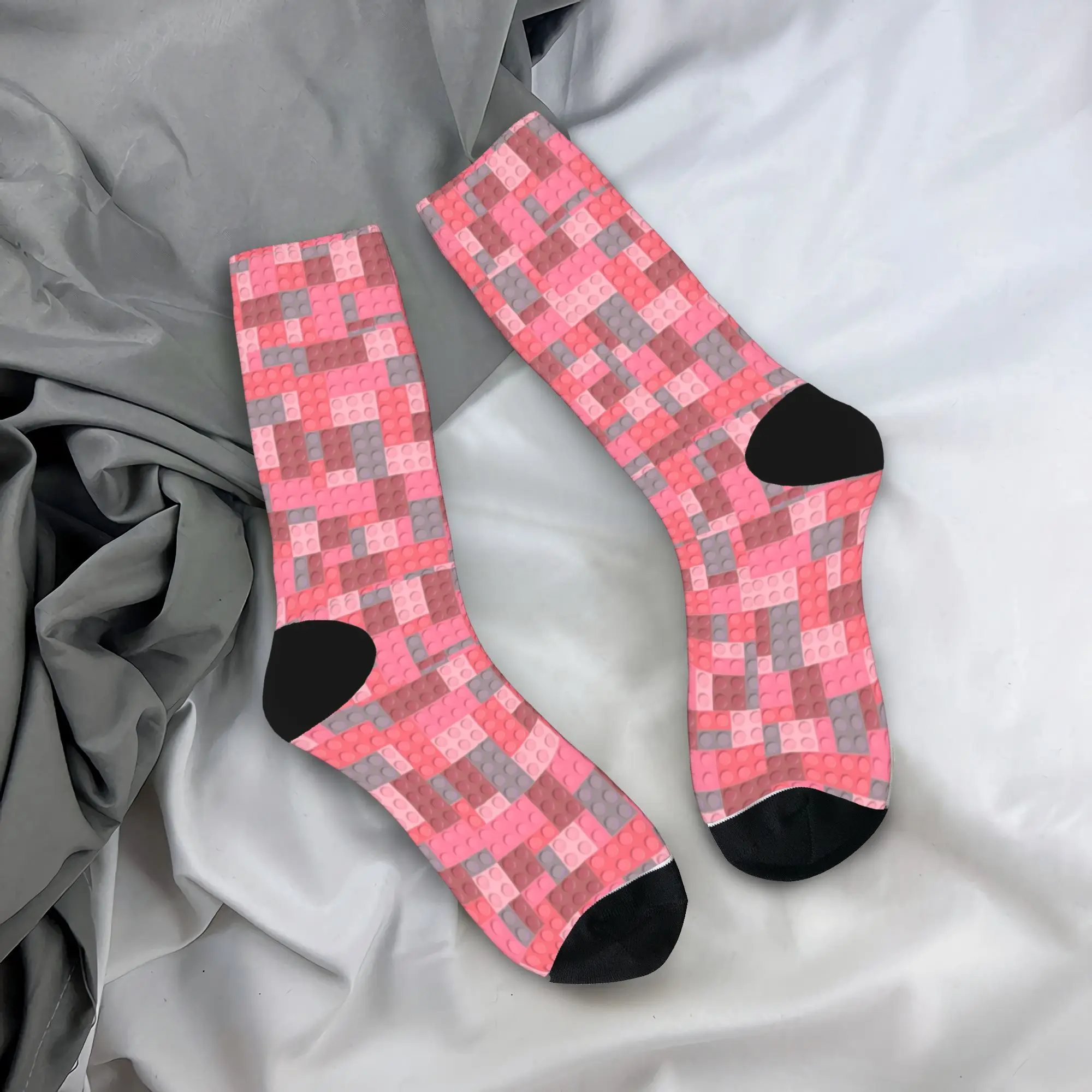Men Socks Building Blocks Pink And Grey Print  Stockings Non Slip High Quality Socks Winter Funny Graphic Running Socks