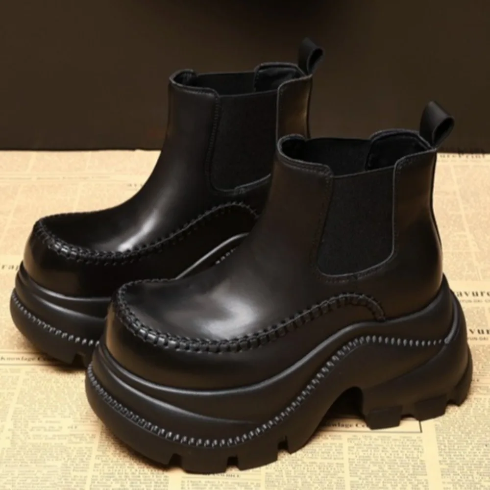 

High-heeled Bootie Women's Autumn Winter Thick-soled Inner Height-increasing Leather Shoes Womens New Muffin Low-tube Ankle Boot