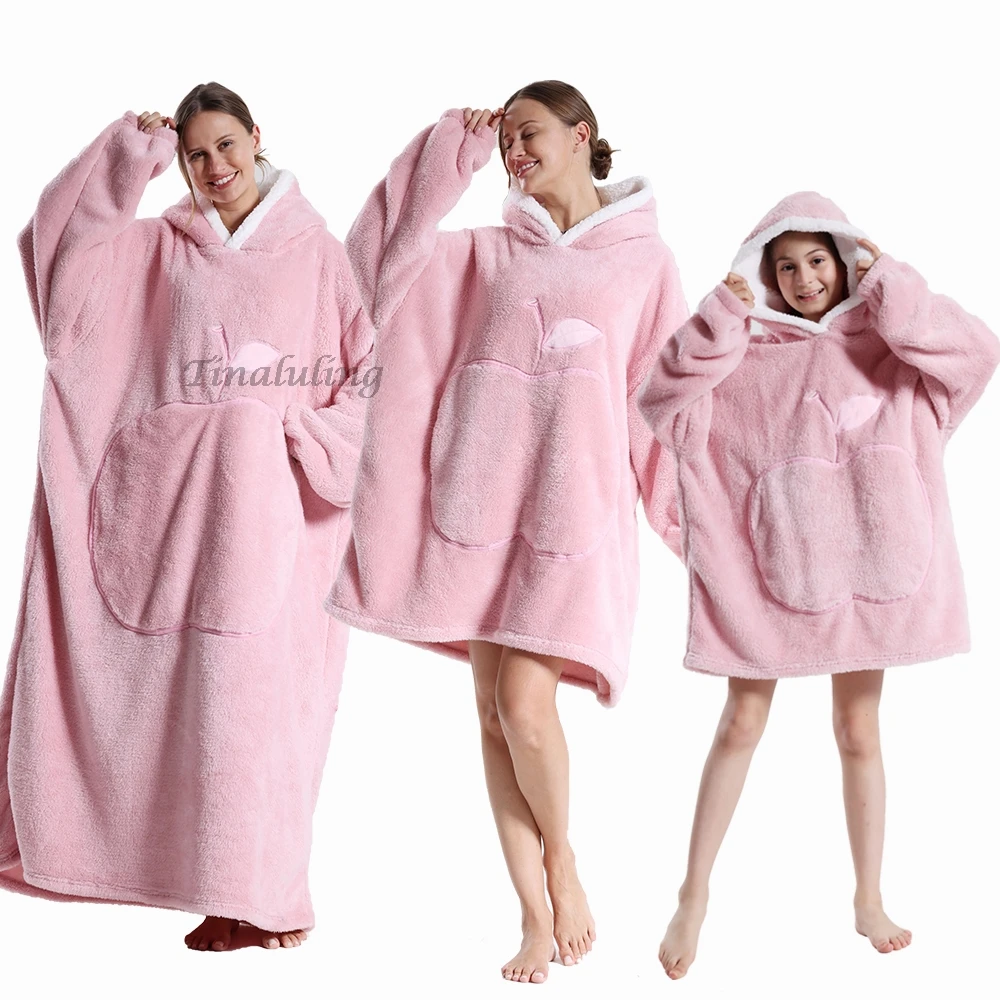 Soft Flannel Apple Emboridery Winter Warm Flannel Wearable TV Blankets Kids Bathrobe Family Matching Oversized Hoodies Sherpa