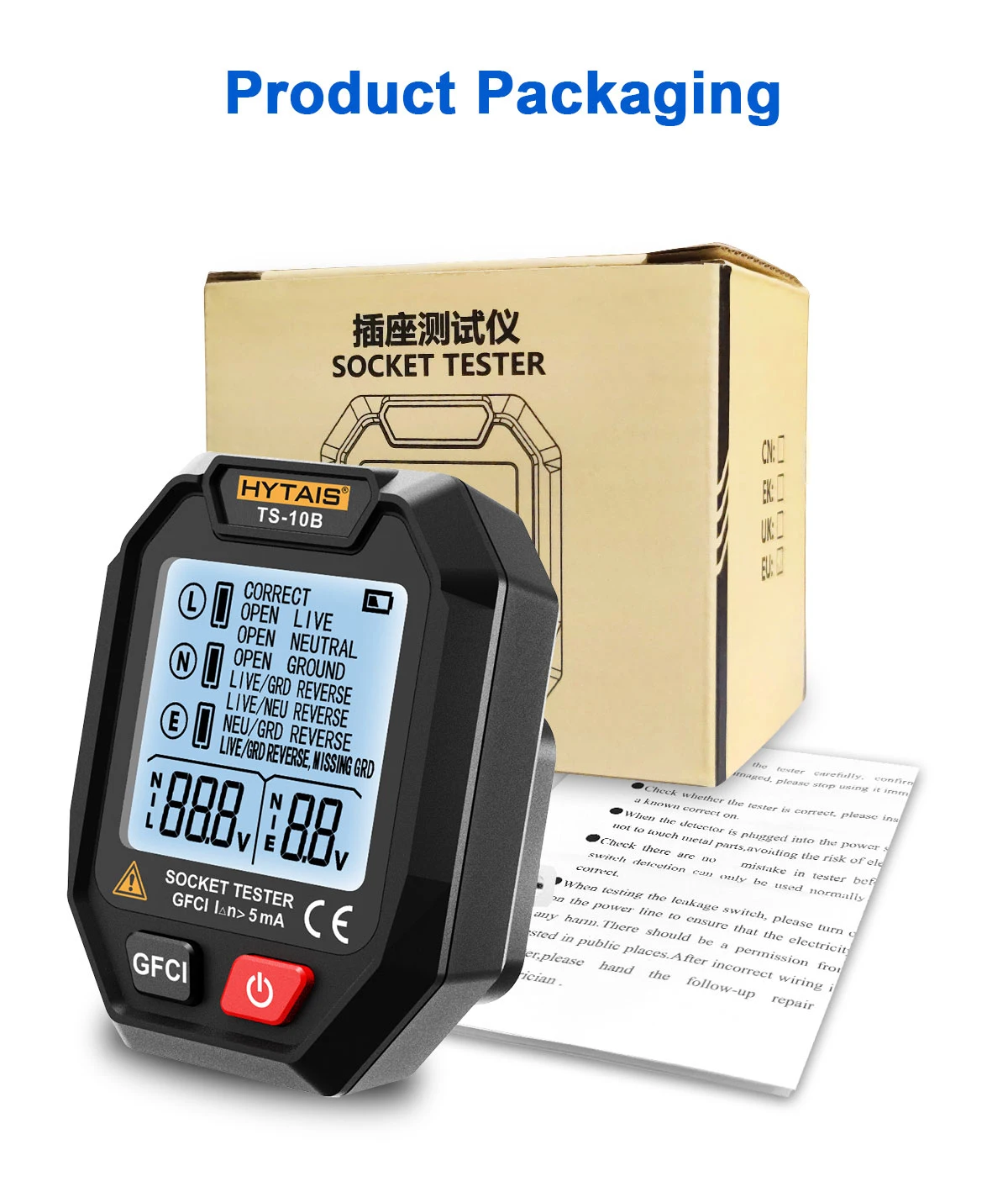HYTAIS Digitaler Steckdosentester, Batterieleistung, intelligenter Detektor, große Hintergrundbeleuchtung, EU, US, UK, Stecker, Boden, Live, Nullleitung, Polarität, Phasenprüfung – Detail 12