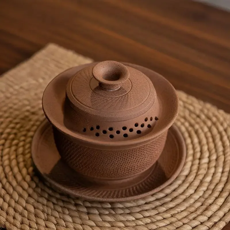 Coarse Pottery Old Rock Clay Raw Gaiwan Ore Handmade Tea Tureen  Anti-Scald Large Tea Bowl Chinese Traditional Tea Set Household