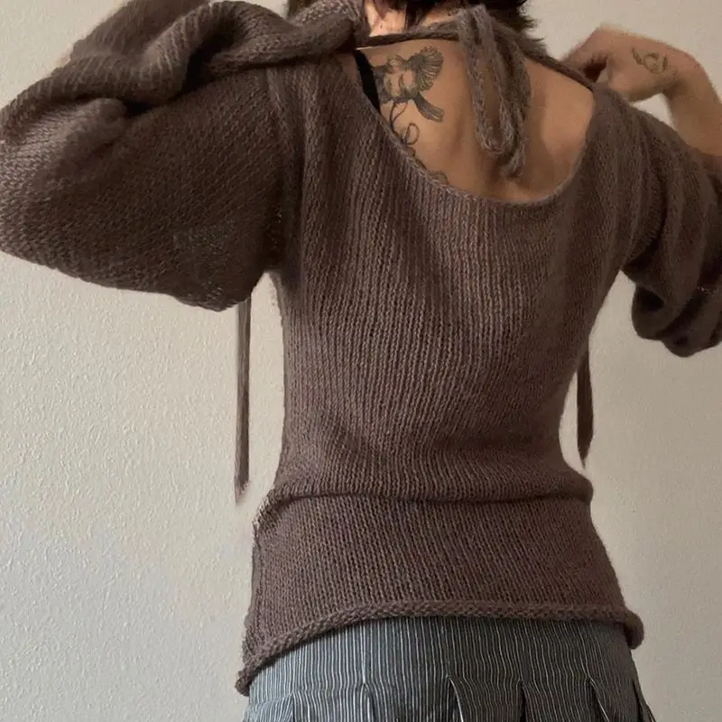 템퍼먼트 백리스 타이드 스웨터 니트 스웨터 여성용 플레어 슬리브 루즈 아우터 탑