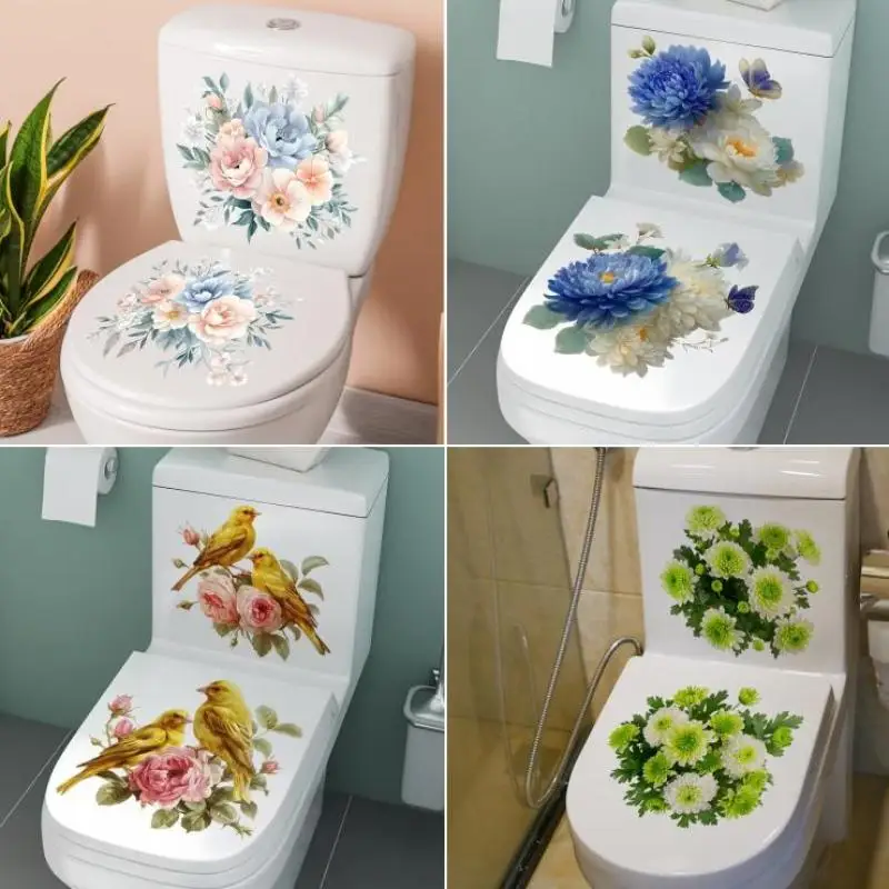 Self-Adhesive Bird-and-Flower Toilet Seat Stickers Waterproof Decor for Home Bathroom Living Space Decoration