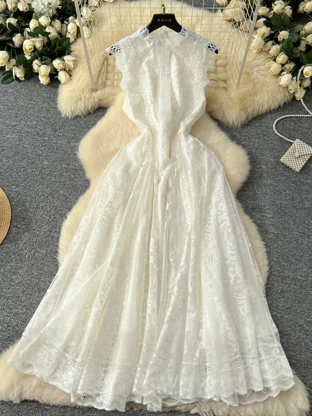 Retro Romantic Atmosphere Sleeveless Lace Design Fairy Tale Long Skirt Women's High Waist A-Line Dress Casual Spring Fashion