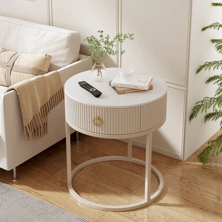 # Modern Round Metal Plate Drawer Coffee Table Living Room Sofa Simple Side Table Glass Top Easy-Clean