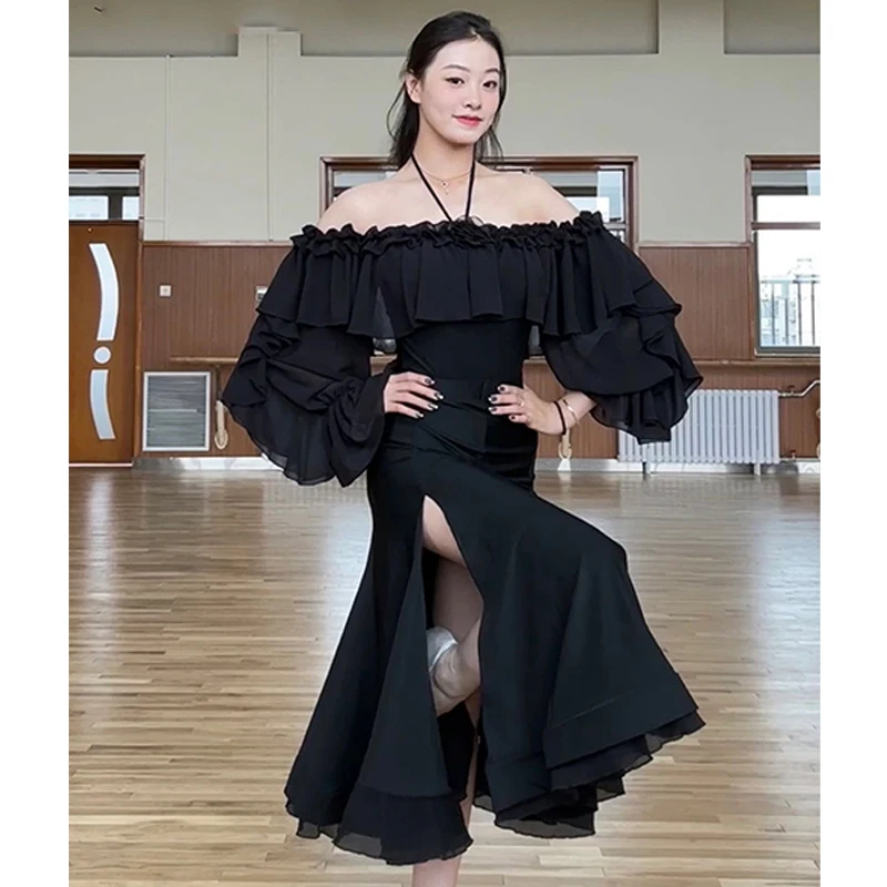 Ballroom Dance Dress Women Black Ruffled Off Shoulder Tops Split Skirt Long Sleeves Practice Clothes Waltz Dance Costume BL11979