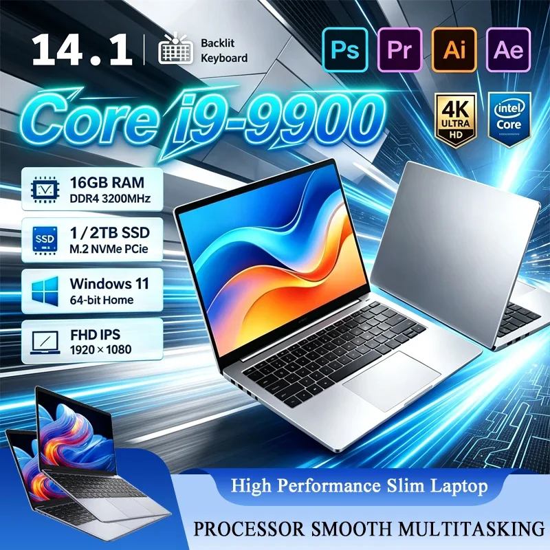 New 14.1' Laptop Intel Core i9-9900 16GB 32GB 2TB Gaming PC Ultra Slim Office Study Computer PC Windows 11 Pro 1920*1080 HD