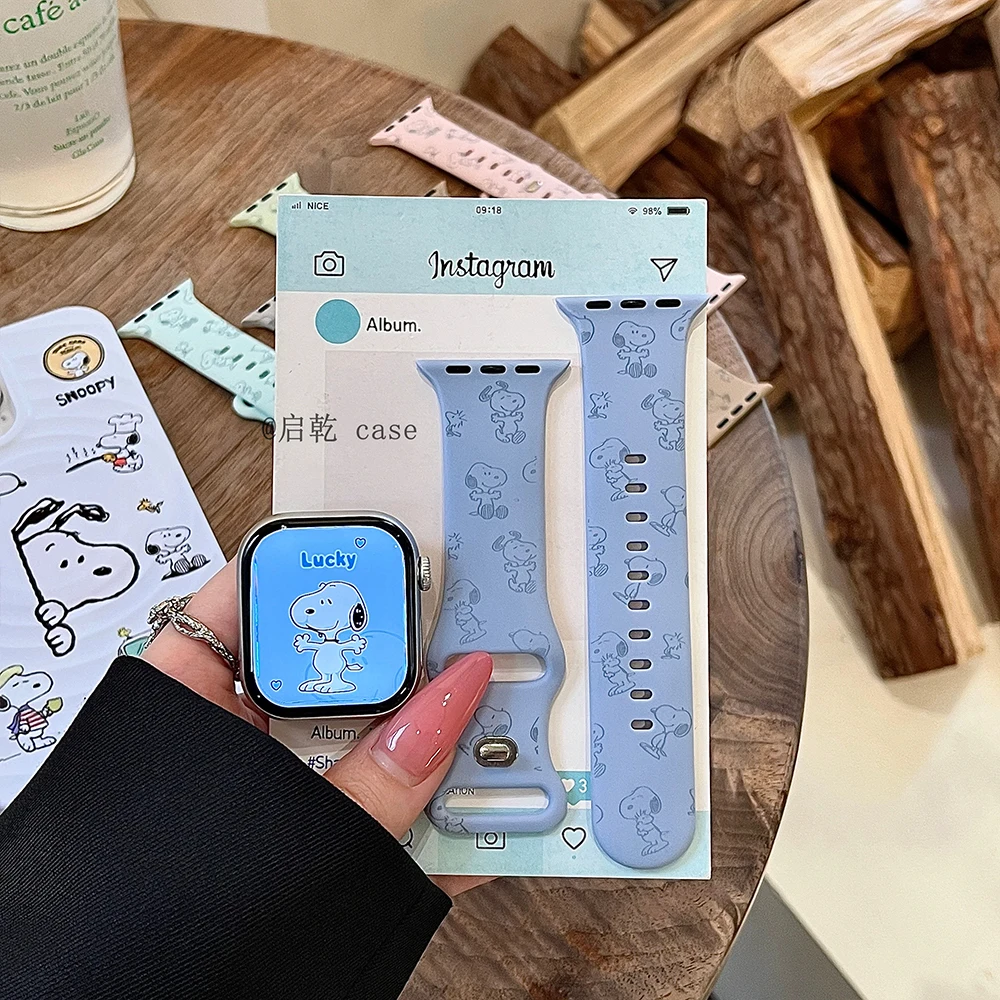 Snoopy Cartoon Print Silicone Watch Band for Apple Watch 11 10 9 Se 8 7 6 5 4 Soft Strap Cute Iwatch Bracelet Women Kawaii Gift
