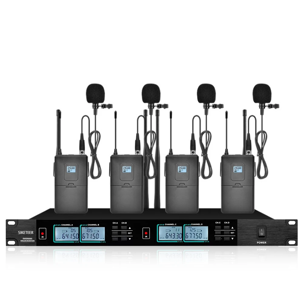 Wireless Microphone System Professional 4-Channel UHF Lavalier Mic Set for Stage Performances Houses of Worship Meeting Rooms