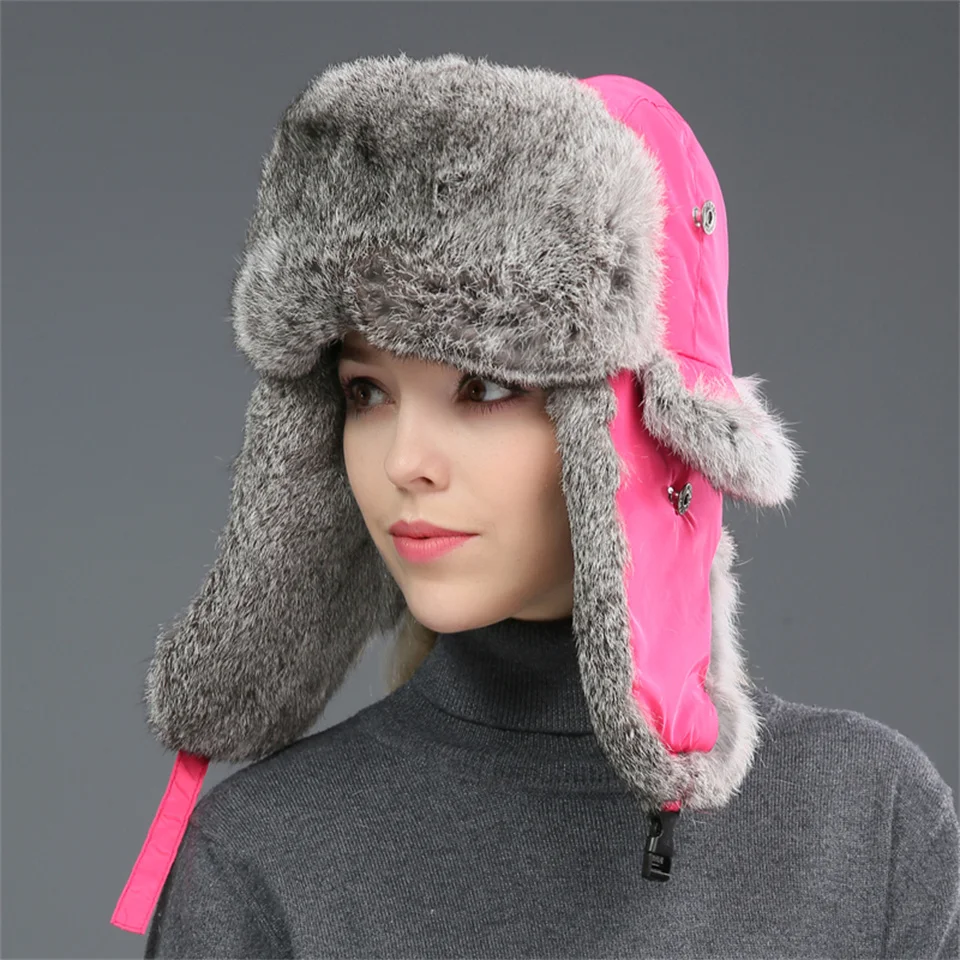 Winter Thermal Real Natural Rabbit Fur Bomber Hats Women Men Outdoors Soft And Warm Russia Hat Face Neck Earflap Snow Caps