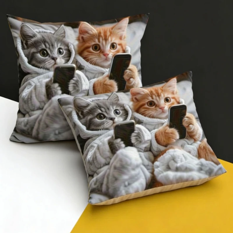 Funny Cat Playing with Mobile Phone Double-Sided Pillow Cover, 1pc Cartoon Decorative Cushion Case for Sofa, Bed, Headboard