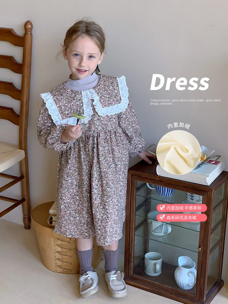 

Korean Girl Floral Elegant Lace Collar Dress Autumn Winter New Thickened Fleece Stylish Princess Dress