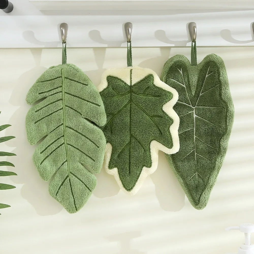 New Cartoon Leaf Hand Towel Coral Velvet Thickened Bathroom Kerchief Absorb Water Hanging Kitchen Handkerchief Kitchen