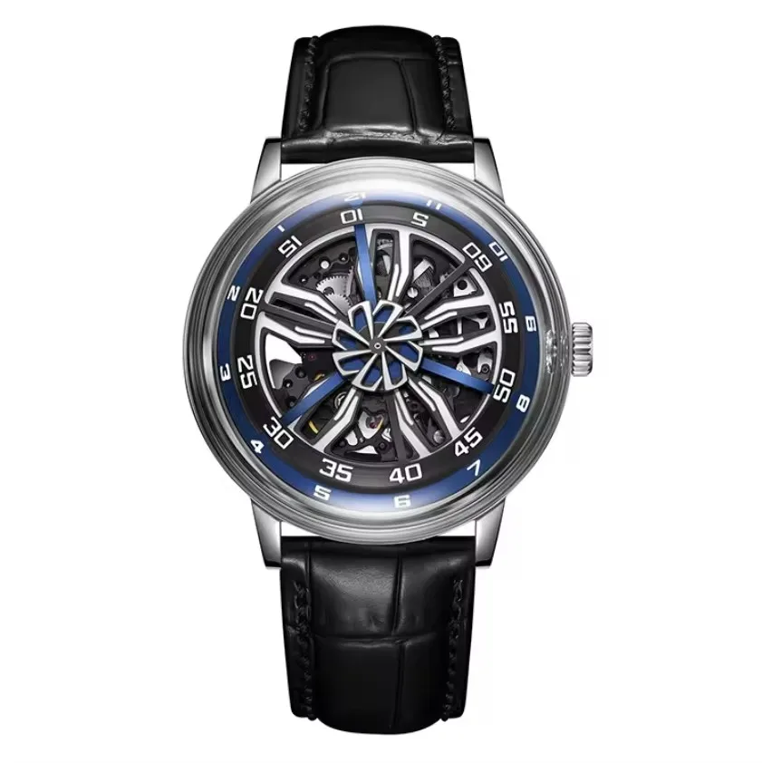 OBLVLO Men's Automatic Skeleton Watch — Sapphire Crystal, Luminous & Water-Resistant,Rotating Wheel-Hub Style Dial,Luxury Time