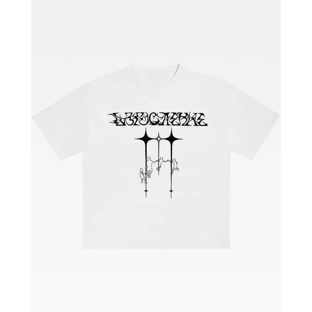 Men Women Gothic Script Four Point Star Hanging Human Graphic T-Shirt Vintage Y2K Grunge Streetwear Loose Casual Tee Top