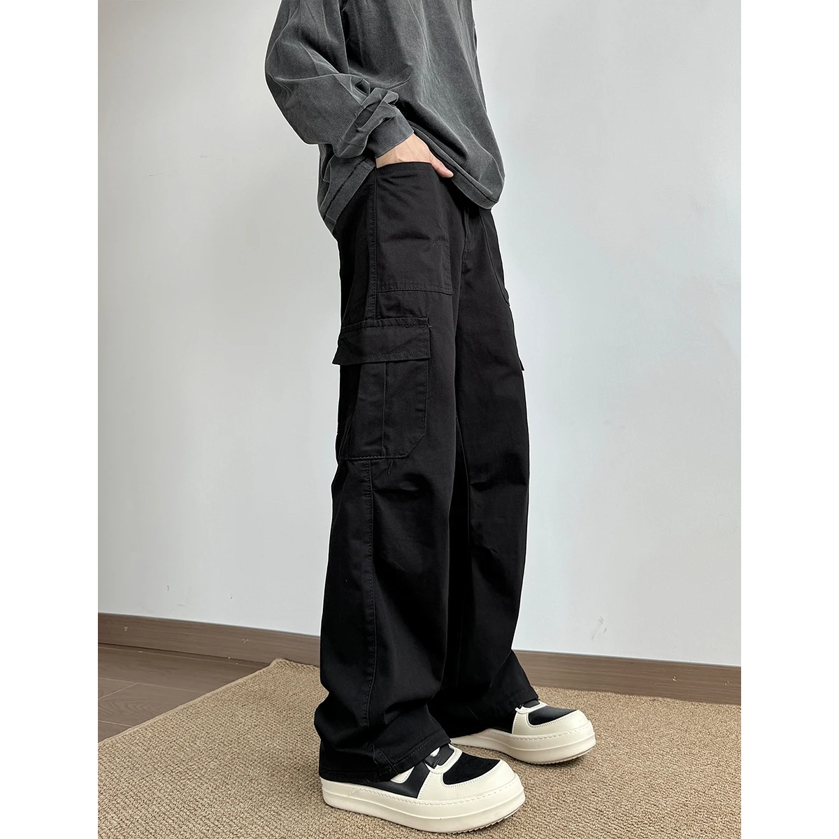 Khaki Paratrooper Workwear Pants Men Summer Trendy American Retro Cleanfit Straight Leg Bell Bot High Street Casual Trousers