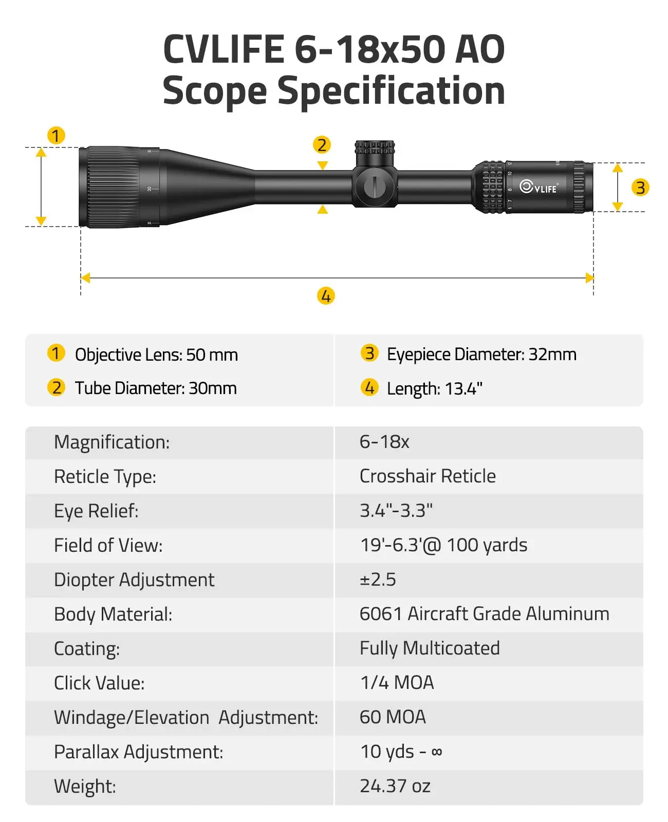 Luneta karabinowa CVLIFE 6-18x50 AO z regulacją paralaktyki, siatką celowniczą, optyka celownicza, tuba 30mm, mocowanie Picatinny, do polowań
