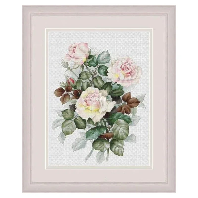 Amishop Gold Collection Counted Cross Stitch Kit Pink Roses Rose Elegant Flower Watercolour Flowers