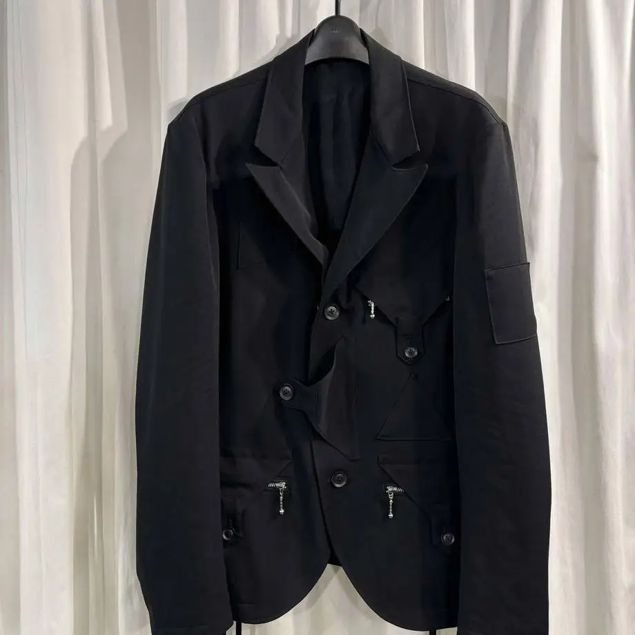 TOP-YAMAMOTO ® Cool Gang Style Black Cutout Suit Men's Casual Multi-Pocket Patchwork Work Jacket