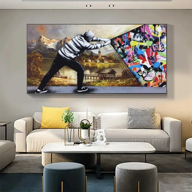 Abstract Graffiti Street Style Canvas Art  Behind The Curtain Poster Print  Modern Wall Decor for Home  Room Decoration