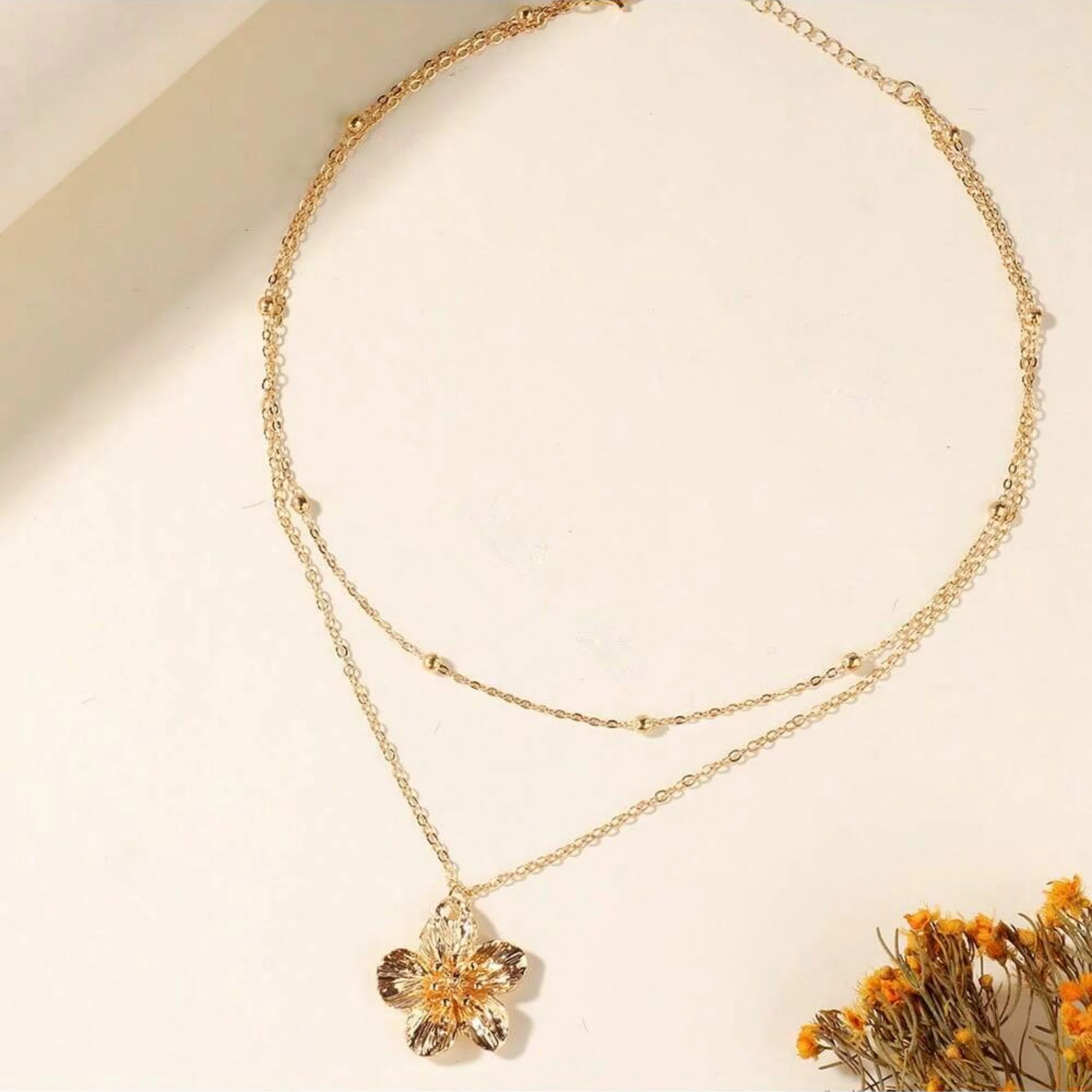 1Pair Elegant Gold Layered Chain Necklace – Flower Pendant Adjustable for Daily/Parties/Weddings