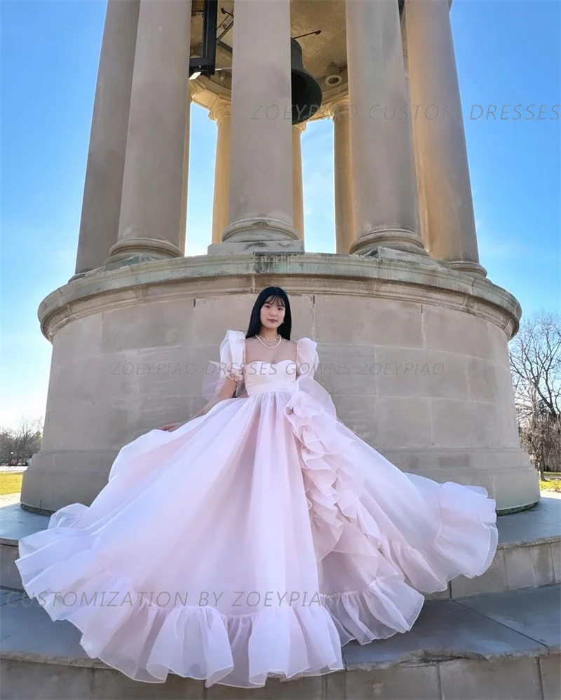 Robe de Soirée de Forme Trapèze en Organza Rose pour Femme, Tenue Formelle à Volants, Manches Courtes, Bretelles, Fente Latérale, Bal de Promo, Quelle que soit la Tenue de Princesse, 2024