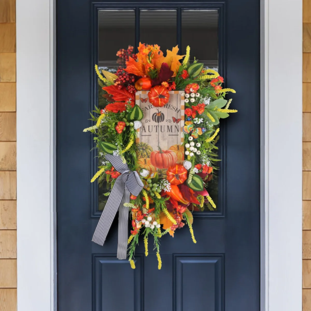 

Maple Leaf Pumpkin Bows Fall Decoration Autumn Wreath, 21.65 Inch Front Door Autumn Wreath, Faux Fall Decor for Home,