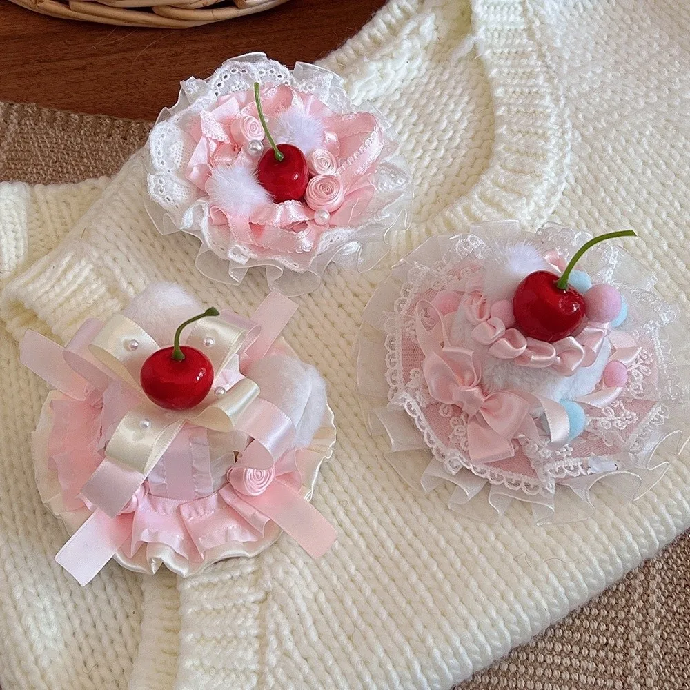Vintage Cherry Pattern Lace Hair Clip Lace Trim Bow Decor Mini Hat Cream Color Cake Design Lolita Headdress For Women