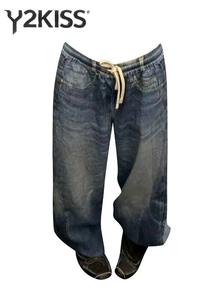 Women's Baggy Jean Punk Grunge Drawstring Denim Pants Boyfriend Y2K Japanese Harajuku Wide Fit Jeans American Retro Streetwear