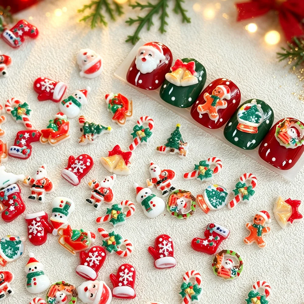 50Pcs Xmas Nail Art Resin Charms Cute 3D Mixed Snowman Santa Sock Candy Cane Star Nail Ornaments DIY Christmas Manicure Decors *