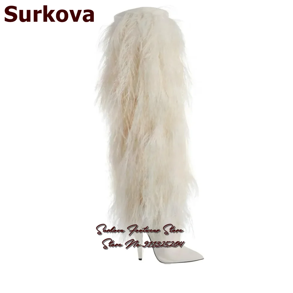 Surkova White Black Furry Over The Knee Boots Thin High Heel Pointed Toe Lace-Up Fluffy Thigh High Boots Fall Winter Waum Shoes