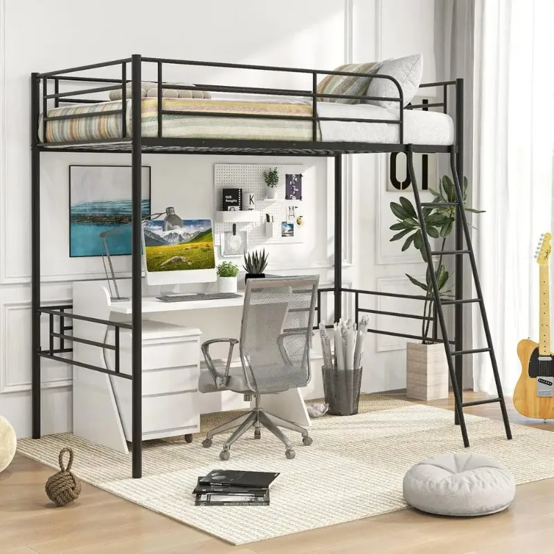 Twin Size Lot Bed, Metal Lot Bed e with Ladder & Saety Guardrail, Space-Saving with Ample Space Underneath, or Teens Junior and