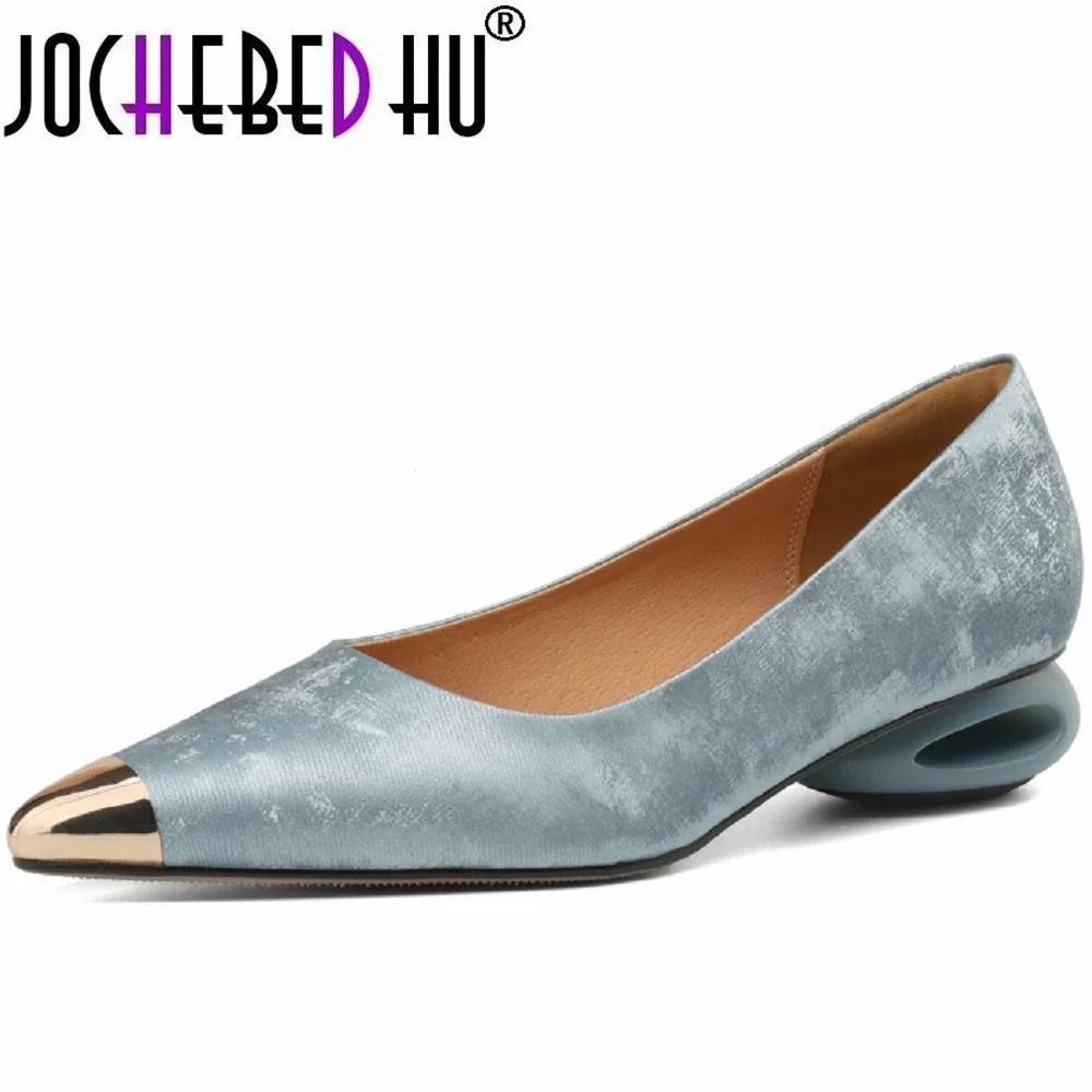 【JOCHEBED hu】 wygodne damskie buty na obcasie z prawdziwej skóry Metal Toe Design moda Pure Colour Girls buty na wysokim obcasie Easy 34-42