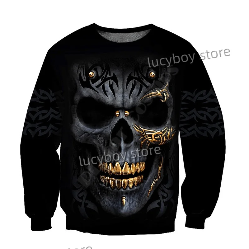 Winter Men's Retro 3d Skull Rose Print Long Sleeve Tops Oversize Hoodie Sportwear Men Casual Round Neck Sweatshirt Mens Clothing