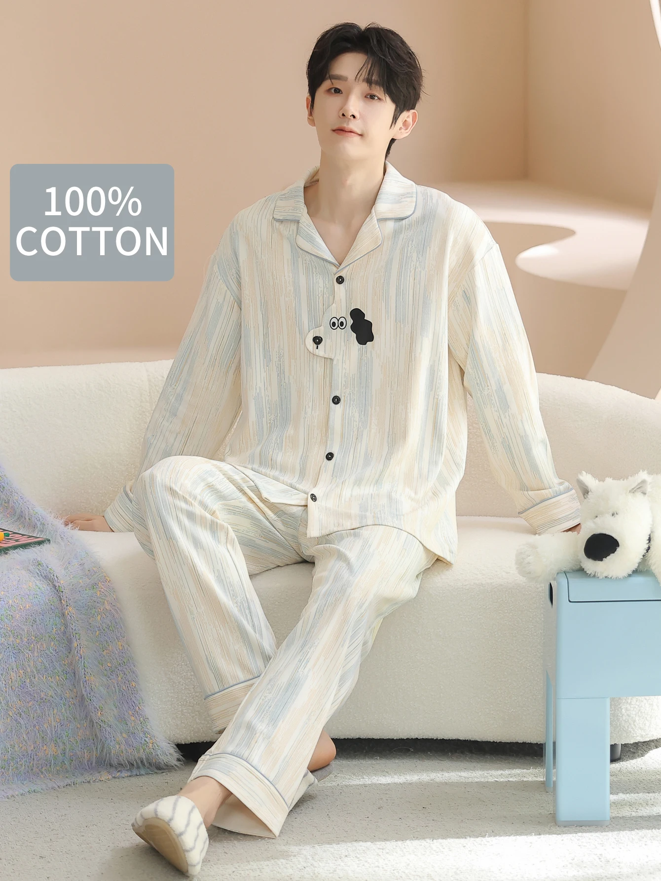 

Men's 100% cotton long sleeved four season plus size men's sleepwear, teenage pure cotton home suit set for warmth