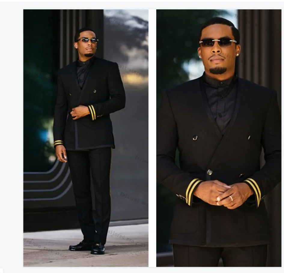 Black Men Suits Set 2 Pieces Blazer+Pants Trousers Gold Stripe Autumn Wedding Tuxedos Jacket Formal Office Business Prom Coat