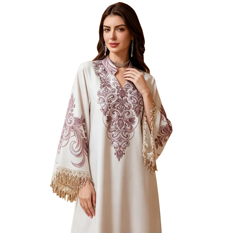 Muslim Print Dress Women Eid Abaya Party Dresses Jalabiya Diamonds Tassel Long Robe Ramadan Islam Vestidos Morocco Dubai Kaftan 5