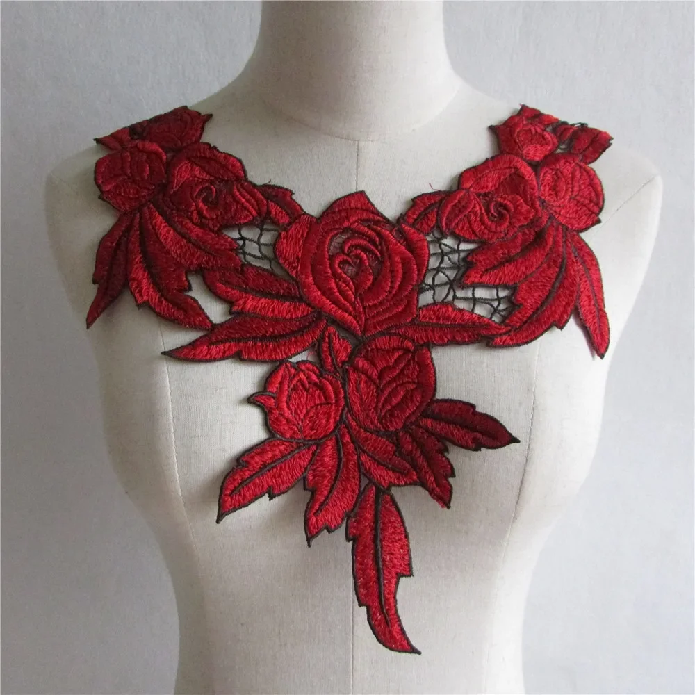 Red Openwork Lace Neckline DIY Embroidery Applique Sewing Lace Collar Decorative Ladies Clothing Neckline Decals Accessories