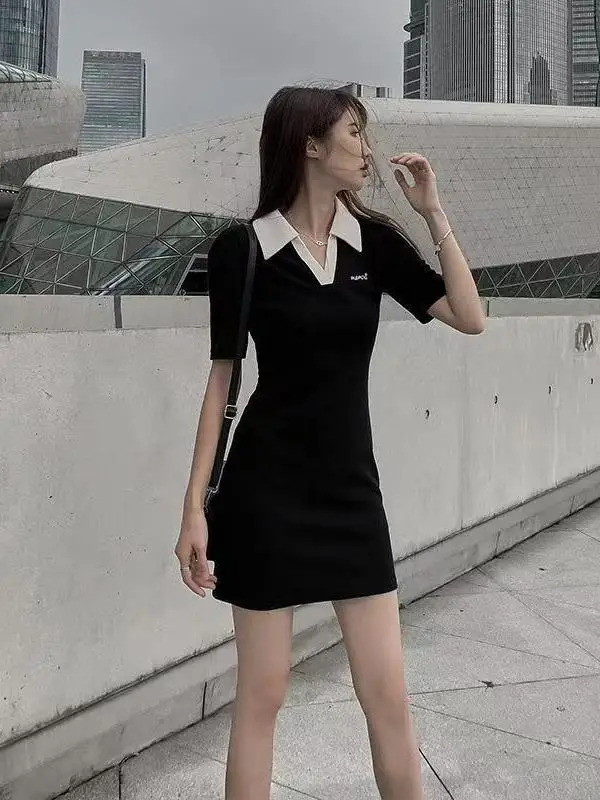 2024 black polo dress for women with pear shaped figure slim fit waist small black dress small stature tall waist dress 8U08